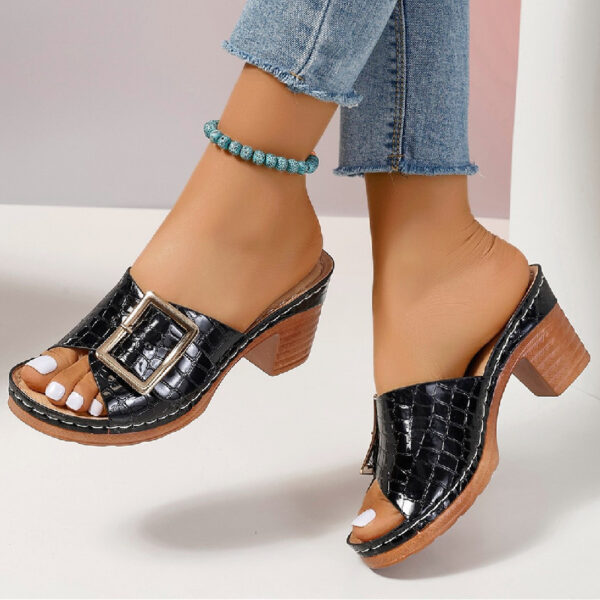 Fashion Crocodile-textured Buckle Sandals Square Chunky Heel Peep-toe Slides Slippers Women Shoes - Image 5